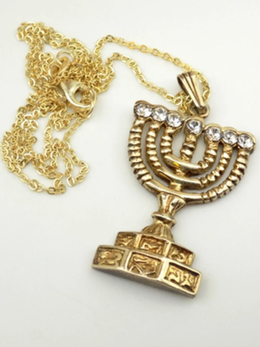 Gold Plated Sterling Silver 925 Judaica Menorah CZ Stone Necklace Hannukah